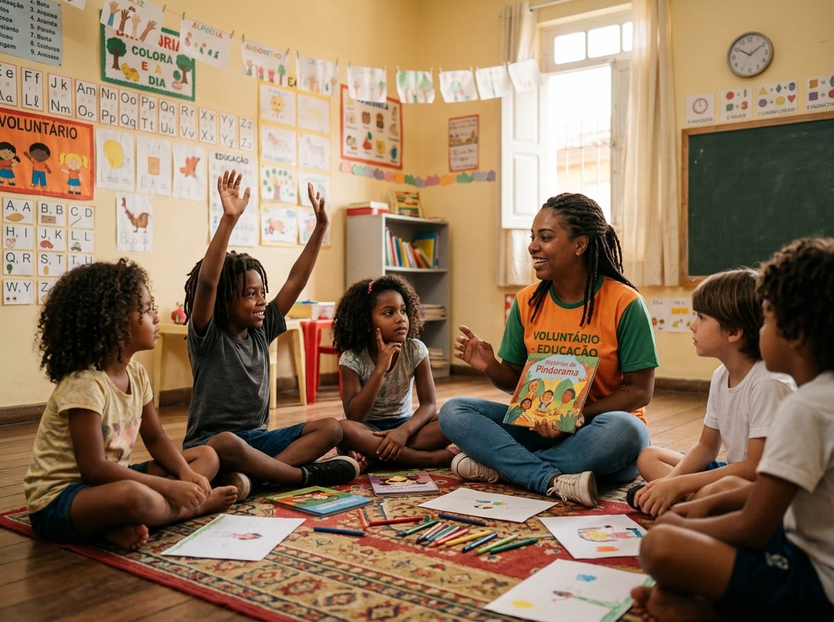 Crianças participando de atividades educativas com voluntários